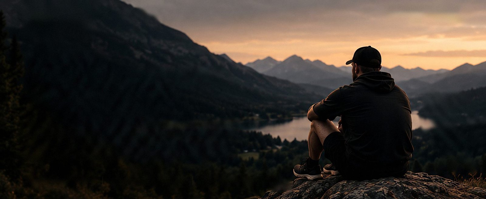 Man in a hoodie sitting on a rock above a lake at sunset