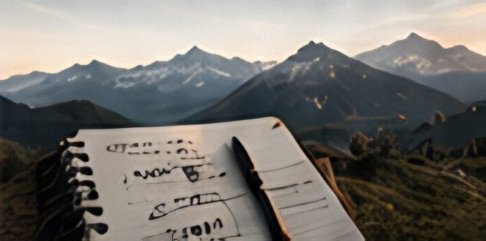 A notebook with a written plan, mountains in the background