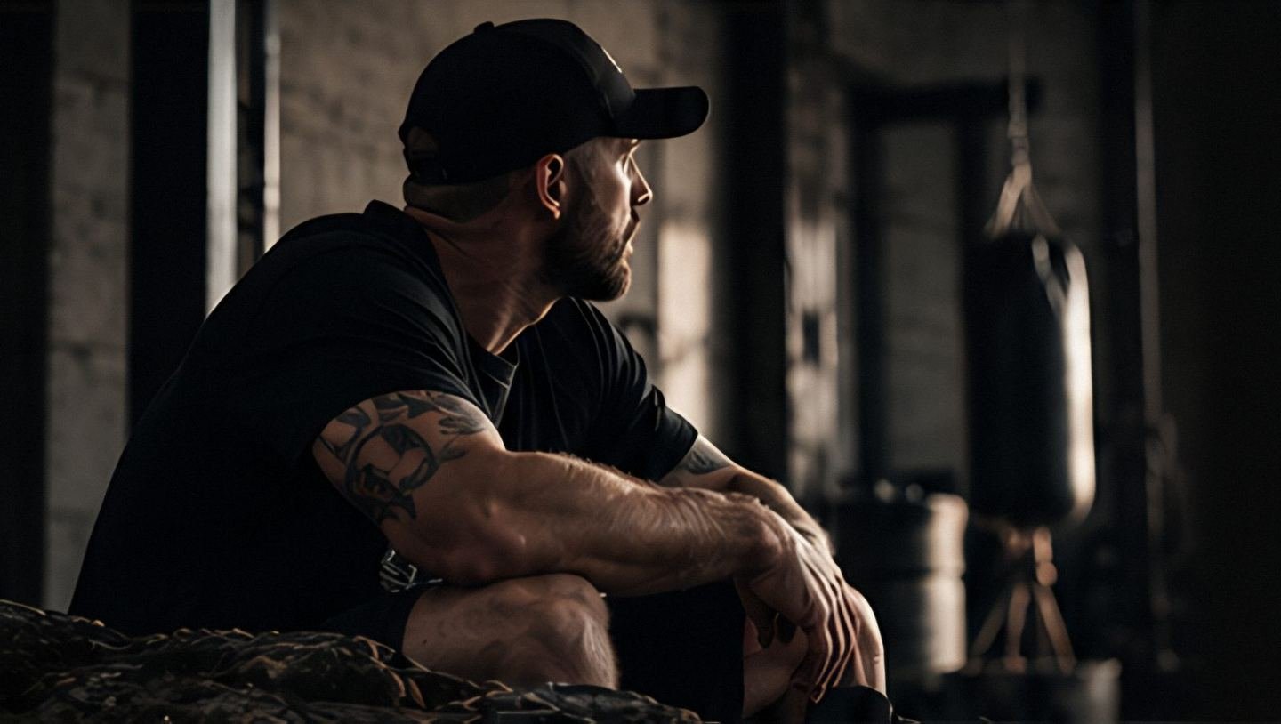 Man in a cap sitting in a boxing gym, looking out of the window